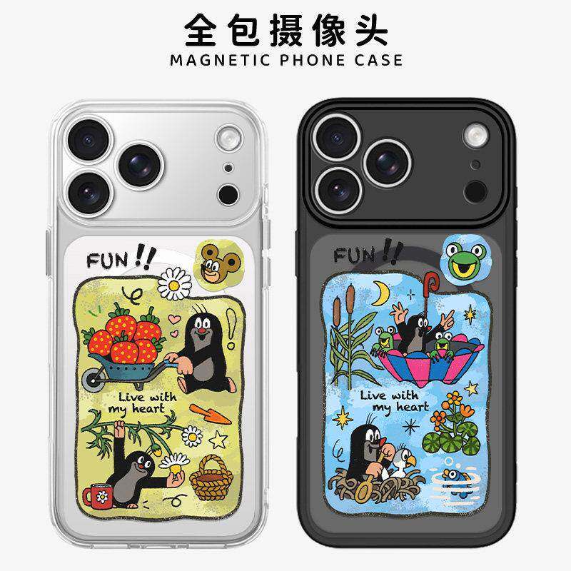 适用于卡通鼹鼠快乐生活iPhone17promax全包精孔手机壳苹果16promax情侣15磁吸14新款13黑色透明小米15pro/17