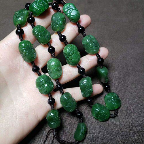 新疆和田玉碧玉十八罗汉项链菠菜绿碧玉挂绳男款天然玉石玉器证书