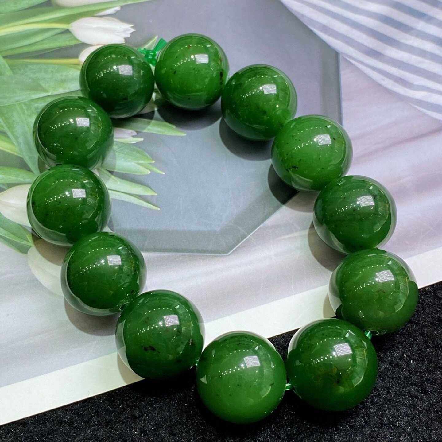 纯天然和田玉手链真玉菠菜绿碧玉手链男女款圆珠玉手串玉手链包邮