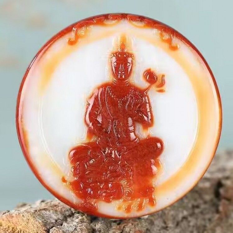 高档新疆和田玉观音吊坠羊脂级红沁皮籽料莲花观音挂件男女款玉坠