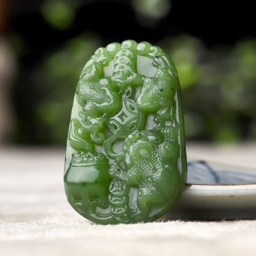 天然和田玉三蟾献宝吊坠碧玉招财三足金蟾纳福瑞挂件男女士款玉佩