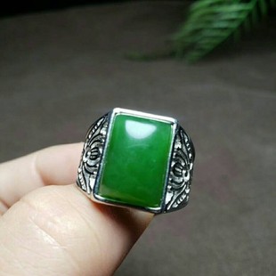 天然和田玉碧玉戒指银镶玉戒指925银镶嵌菠菜绿碧玉戒指男款指环