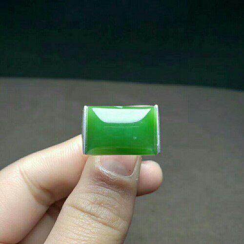 新疆和田玉碧玉戒指男款925银镶嵌老料菠菜绿碧玉指环玉石玉戒指