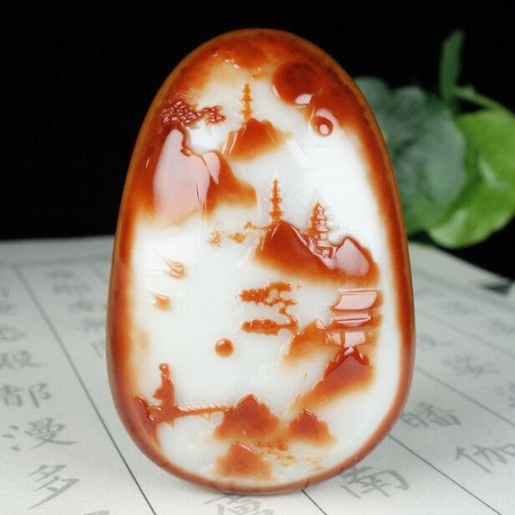 新疆和田玉富贵山居吊坠羊脂级白玉红沁皮籽料山水牌玉挂件男女款