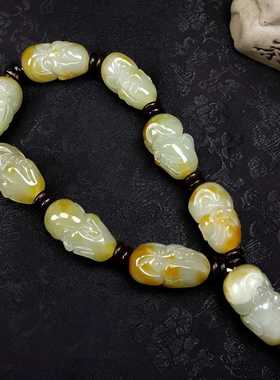 黄沁皮原石籽料手工雕刻罗汉手链