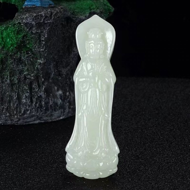 正品新疆和田玉羊脂白玉观音吊坠