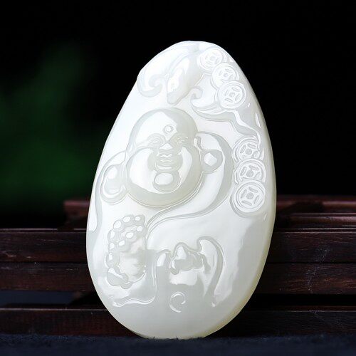 天然新疆和田玉笑佛吊坠女款白玉招财弥勒佛玉佛挂件附送证书包邮