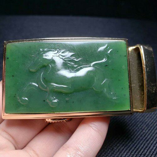 正品天然和田玉碧玉皮带扣腰扣超润老料碧玉马上发财皮带扣头佩饰