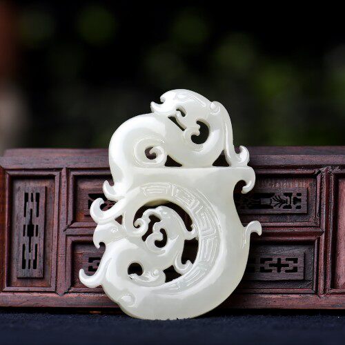 天然新疆和田玉龙凤玉佩白玉仿古龙凤牌吊坠男女款玉凤凰挂件包邮