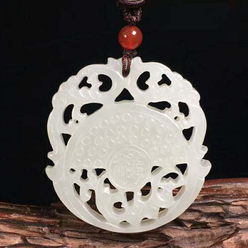 天然新疆和田玉吉祥镂空牌吊坠白玉仿古玉璧挂件男女款玉佩带证书