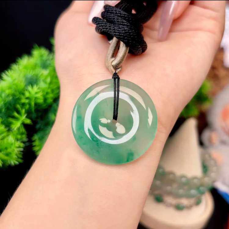 纯天然A货非洲翠平安扣吊坠满色起胶感冰透飘花独龙玉平安扣挂件
