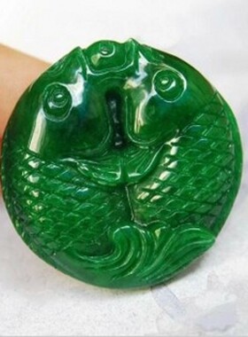 满绿色干青翡翠双鱼挂件祖母绿干青铁龙生翡翠年年有余吊坠毛衣链