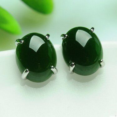 天然新疆和田碧玉耳钉925银镀白金镶嵌菠菜绿碧玉耳钉女款耳饰