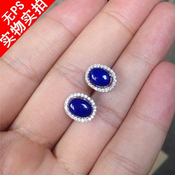 天然帝王青金石925银镶嵌耳钉女款简约时尚韩版耳环宝石首饰品