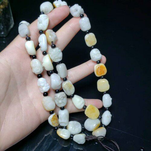 天然新疆和田玉籽料十八罗汉项链原石籽料真皮罗汉挂链男款玉挂绳