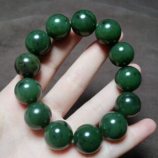 正品新疆和田玉碧玉手链菠菜绿老坑碧玉手串男女款圆珠手链带证书