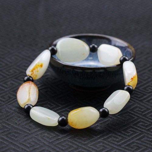 正品天然新疆和田玉手链籽料原石带红皮白玉手串男女款手链送证书