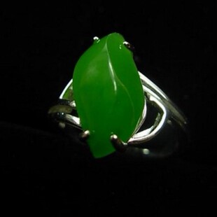 正品新疆和田玉碧玉戒指925银镶嵌满绿老坑碧玉戒指活口女款证书