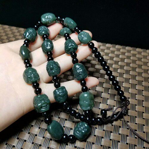 新疆和田玉青玉十八罗汉项链挂绳黑青玉天然玉石颈饰男款吊坠链子