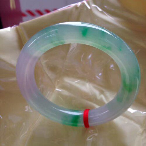 缅甸冰种翡翠圆条手镯春带彩三色飘阳绿花翡翠玉镯子飘绿飘花女款