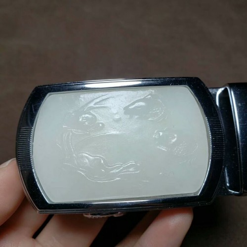 天然和田玉鲤鱼荷花皮带扣白玉连年有余腰带扣男士腰佩腰扣带证书