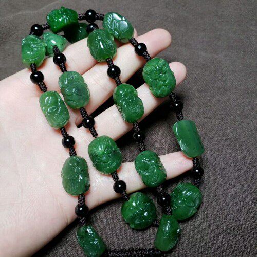 新疆和田玉碧玉十八罗汉项链菠菜绿碧玉十八罗汉挂绳男款送证书