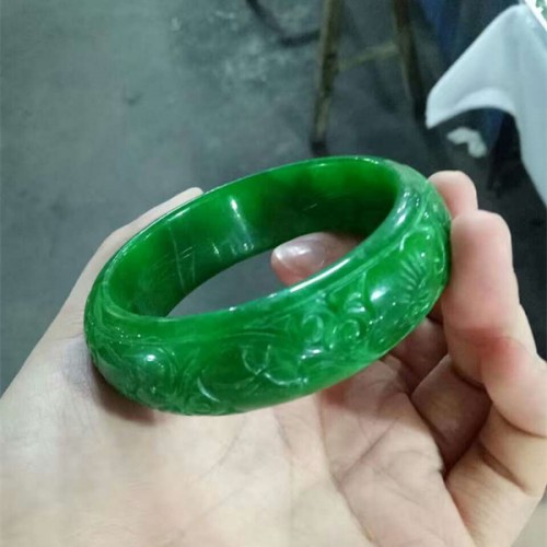 缅甸天然正品干青翡翠雕花手镯祖母绿干青铁龙生翡翠如意玉镯女款