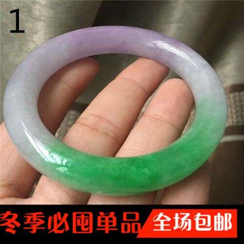 缅甸冰糯种翡翠春彩手镯圆条复古紫罗兰玉镯子女款春带彩手镯包邮