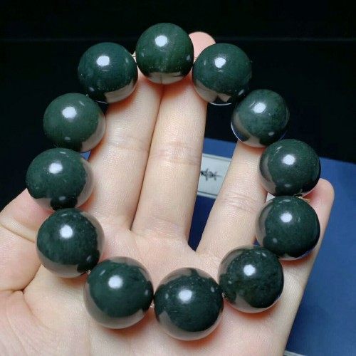 天然新疆和田玉墨玉手链墨青玉手串圆珠18mm男女款佛珠手饰带证书