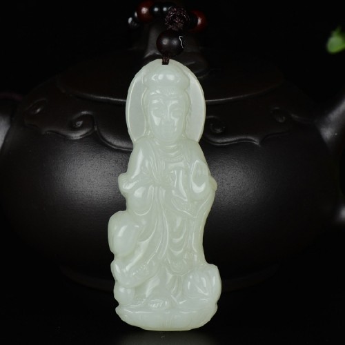 苏工精雕观音男款证书新疆和田玉
