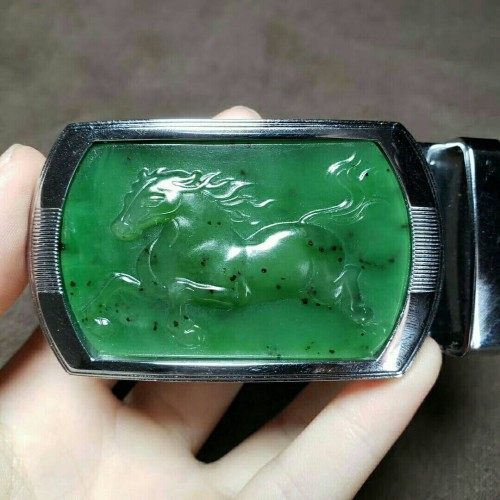 新疆和田玉马上发财皮带扣菠菜绿碧玉生肖马皮带扣头男士腰扣腰佩