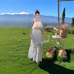 白色镂空刺绣蕾丝棉布吊带花边上衣半身裙海边度假仙女裙套装