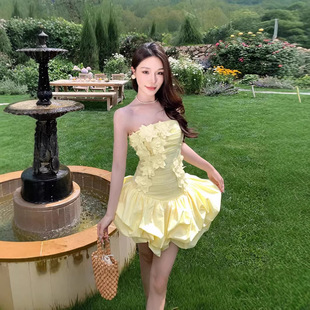 性感欧美风时尚 立体花朵拼贴设计一字肩裙夏 连衣裙2025新款