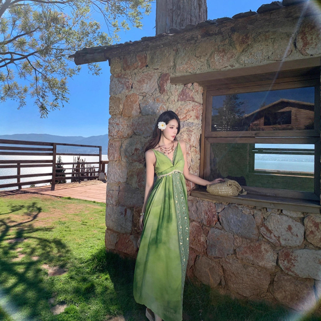 绿色森系轻奢抹胸晚礼服法式连衣裙生日派对庆典礼服学生艺考礼服