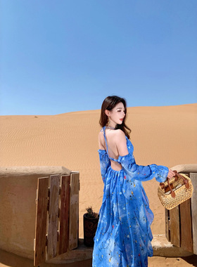 25016韩系复古蓝玫瑰印花露背开叉显瘦挂脖可拆卸袖子吊带连衣裙