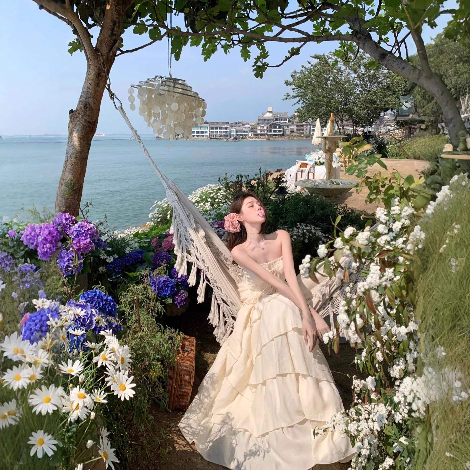 泰国海岛风大摆裙子海边度假绝美重工棉麻抹胸连衣裙蛋糕裙仙女裙