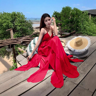 法式超仙荷叶边度假露背挂脖吊带连衣裙女氛围感海边拍照长裙