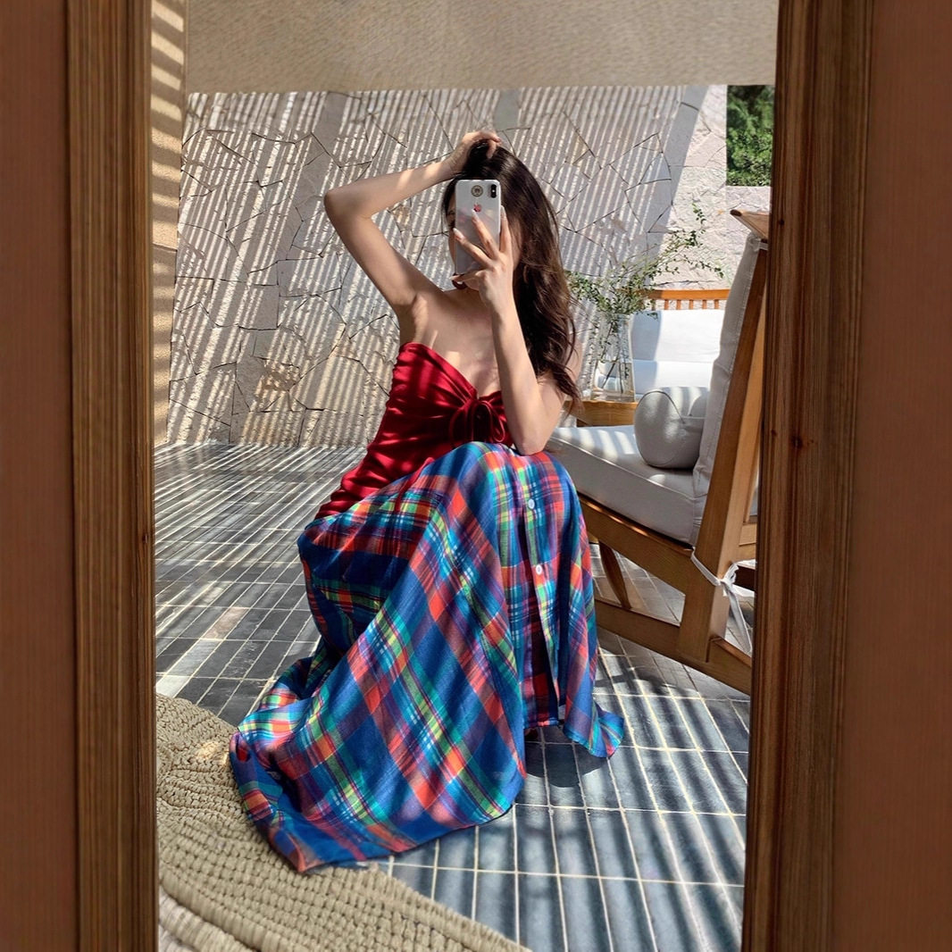 温柔复古辣妹红色绑带挂脖吊带背心+格子半身裙显瘦套两件套