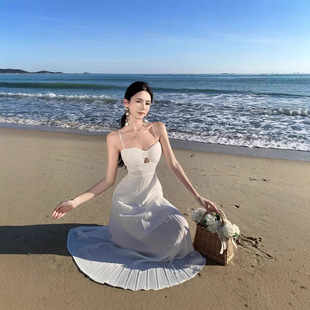 跨境新品 礼服裙设计感海边度假露背吊带裙沙滩裙长裙到脚踝超长款