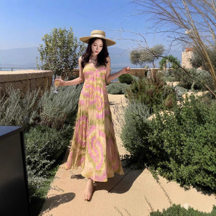 泰国云南西双版纳度假风印花挂脖吊带连衣裙女海岛沙滩拍照长裙子