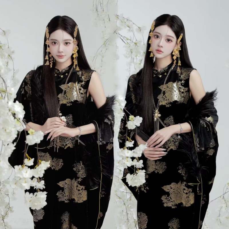 复古国风新中式黑色连衣裙套装