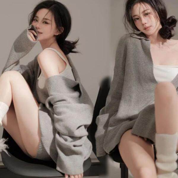 影楼新款慵懒风V领长袖针织毛衣休闲时尚套装写真服饰