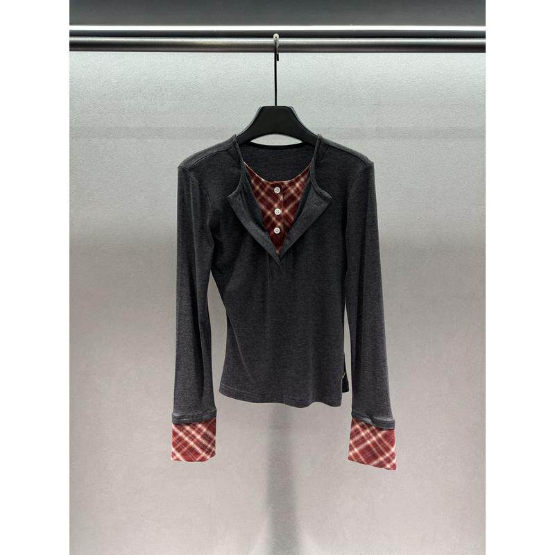 秋冬季通勤风格纹拼接假两件长袖针织衫女V领修身显瘦上衣不挑人