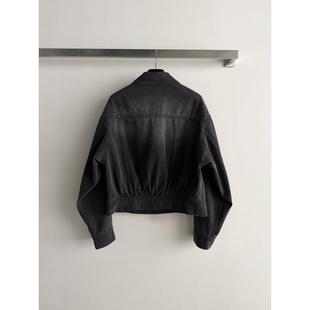 通勤风黑色短款皮衣女V领宽松外套长袖休闲立领帅气大方不挑人