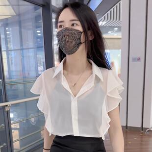 美式气质设计感小众透视荷叶袖雪纺衬衫女夏洋气漂亮独特性感上衣