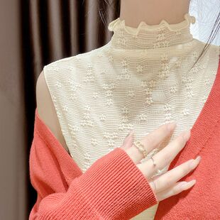 高领蕾丝假领子女春季无袖背心叠穿内搭上衣木耳边白色网纱打底衫
