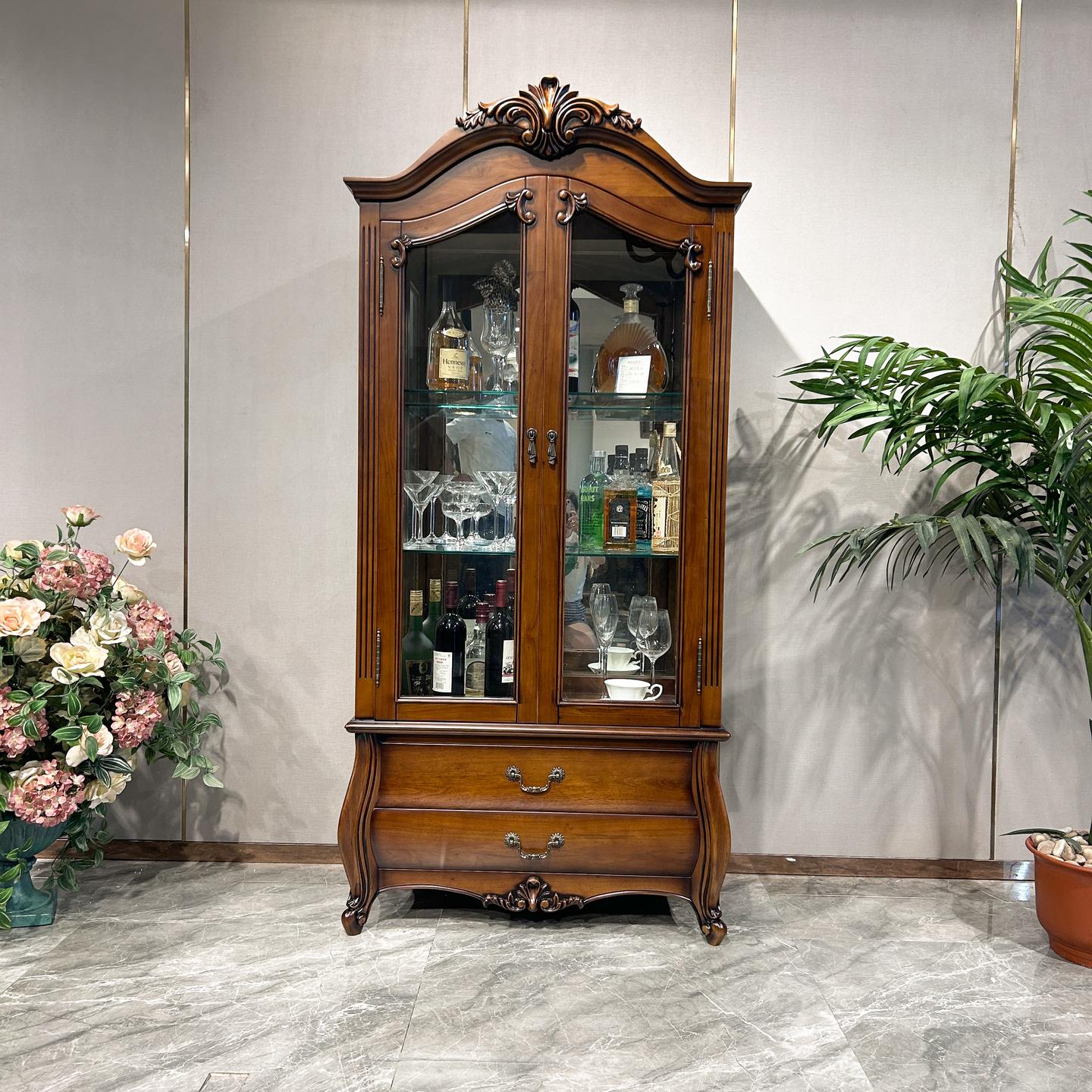 美式实木双门酒柜客厅靠墙欧式复古玻璃装饰展示置物架餐厅餐边柜