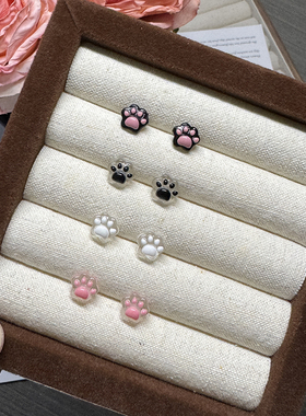 新款可爱猫爪S925耳钉粉色甜美少女套装耳环小众小巧ins学生耳饰