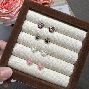 新款 耳环小众小巧ins学生耳饰 可爱猫爪S925耳钉粉色甜美少女套装