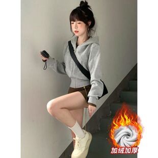 啄木鸟浅灰修身卫衣外套女春秋季穿搭正肩收腰紧身开衫连帽上衣